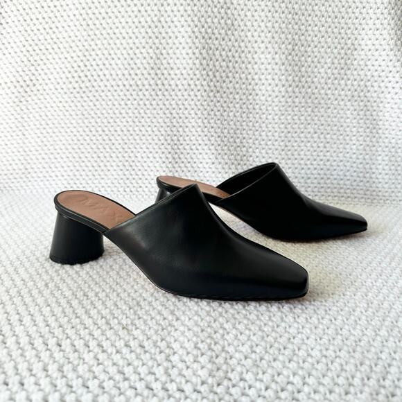 Max & Co. NIB Black Leather Acromino Square Pointed Toe Round Block Heel Mules 7 - Picture 1 of 12